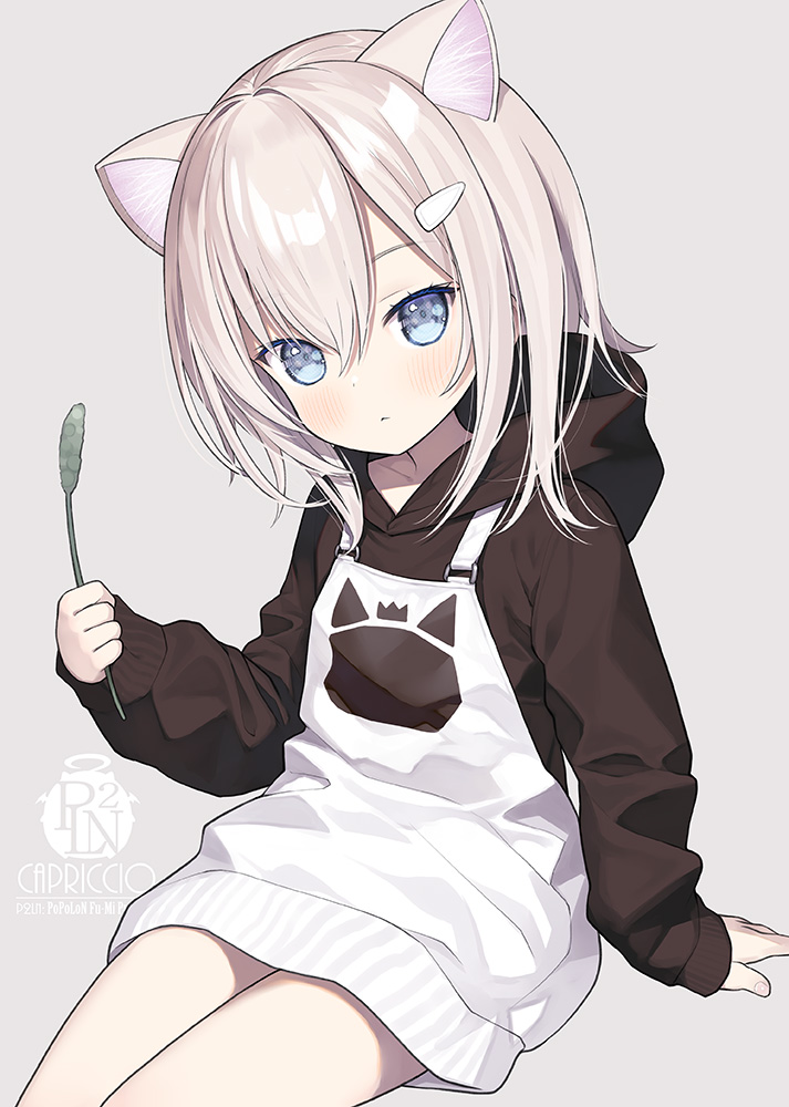 1girl animal_ears black_hoodie blue_eyes capriccio cat_ears cat_girl cat_teaser hood hood_down hoodie invisible_chair light_brown_hair long_sleeves looking_at_viewer medium_hair original sitting suspenders