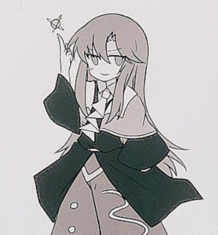 1other androgynous arm_up ascot atom chuqi1030 clause_(len'en) coat collared_shirt cowboy_shot len'en long_hair long_sleeves lowres no_nose open_mouth other_focus pants pointing pointing_up shirt sidelocks simple_background single_blush_sticker smile white_background