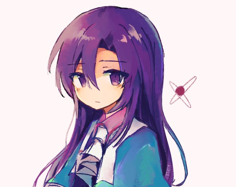 1other androgynous ascot atom blue_jacket chinese_commentary chuqi1030 clause_(len'en) closed_mouth collared_shirt commentary_request hair_between_eyes jacket len'en long_hair looking_at_viewer no_nose other_focus pink_shirt purple_eyes purple_hair shirt simple_background solo white_ascot white_background