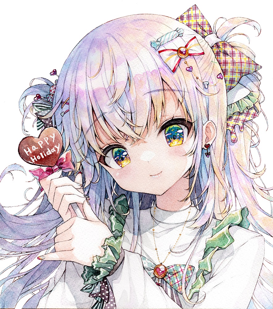 1girl black_bow black_nails blue_eyes bow candy closed_mouth comiket_103 commentary_request food frilled_sleeves frills grey_hair hair_between_eyes hair_bow hands_up happy_holidays head_tilt heart heart_lollipop holding holding_candy holding_food holding_lollipop lollipop long_sleeves looking_at_viewer mizuki_yuuma multicolored_nails nail_art original painting_(medium) partial_commentary plaid plaid_bow polka_dot polka_dot_bow puffy_long_sleeves puffy_sleeves red_bow red_nails shaped_lollipop simple_background sleeves_past_wrists smile solo suit traditional_media two_side_up upper_body watercolor_(medium) white_background white_suit