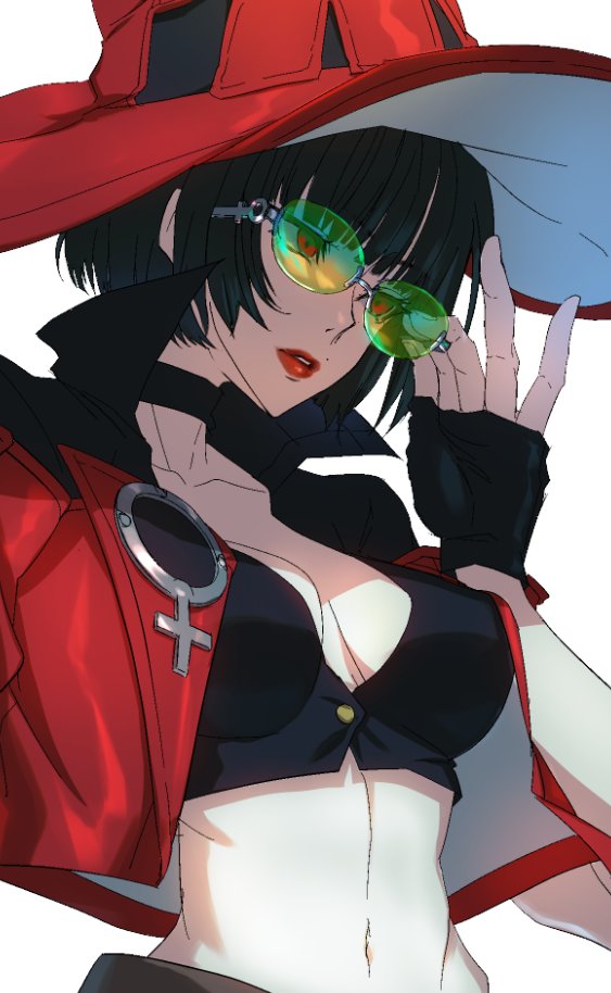 1girl adjusting_eyewear black_choker black_gloves black_hair bob_cut breasts center_opening choker cleavage collarbone cropped_jacket cropped_shirt fingerless_gloves gloves green-tinted_eyewear guilty_gear guilty_gear_strive hand_on_eyewear hat hitsuji_kusa i-no jacket midriff mole mole_above_mouth navel nose open_clothes open_jacket pale_skin parted_lips red_eyes red_headwear red_jacket red_lips short_hair simple_background solo sunglasses tinted_eyewear upper_body venus_symbol white_background witch witch_hat