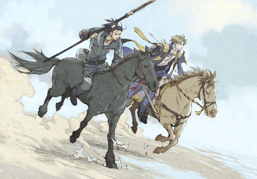 2boys belt black_gloves black_hair black_pants black_shirt blonde_hair blue_pants blue_shirt carpet day dust_cloud fingerless_gloves gloves gourd heshikiri_hasebe hitaki_(tempo) holding holding_polearm holding_weapon horse horseback_riding long_sleeves male_focus multiple_boys nihongou_(touken_ranbu) outdoors pants polearm riding sand shirt short_hair sky touken_ranbu weapon