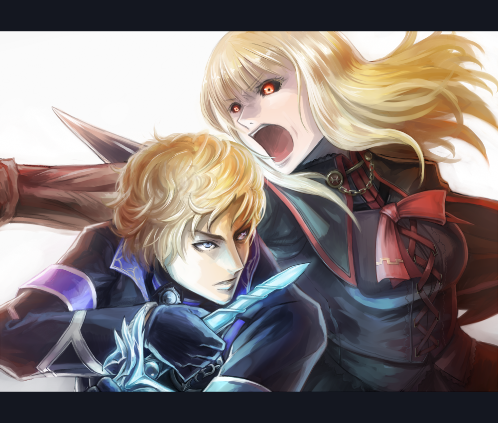 1boy 1girl alpha_patroklos black_sclera blonde_hair blue_eyes brother_and_sister dark_persona gloves letterboxed long_hair nyaasora open_mouth patroklos_alexander patroklos_alexandra pyrrha_alexandra pyrrha_omega red_eyes short_hair siblings soul_calibur soul_calibur_(weapon) soul_edge_(weapon) soulcalibur_(weapon) soulcalibur_v sword weapon