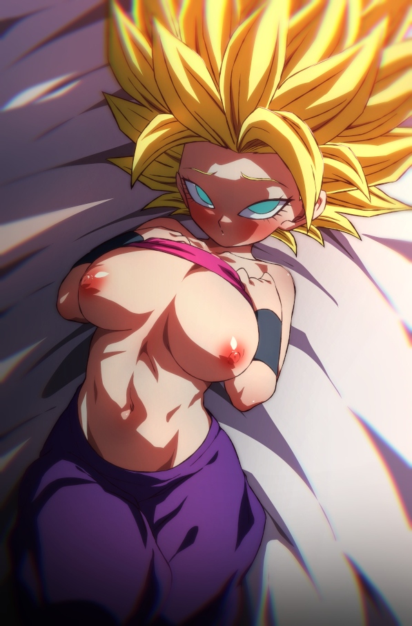 1girl baggy_pants bare_shoulders blonde_hair blue_eyes breasts caulifla clothes_lift dragon_ball dragon_ball_super large_breasts midriff navel on_bed pants pink_tube_top purple_pants rom_(20) saiyan shirt_lift solo spiked_hair strapless super_saiyan super_saiyan_1 tube_top