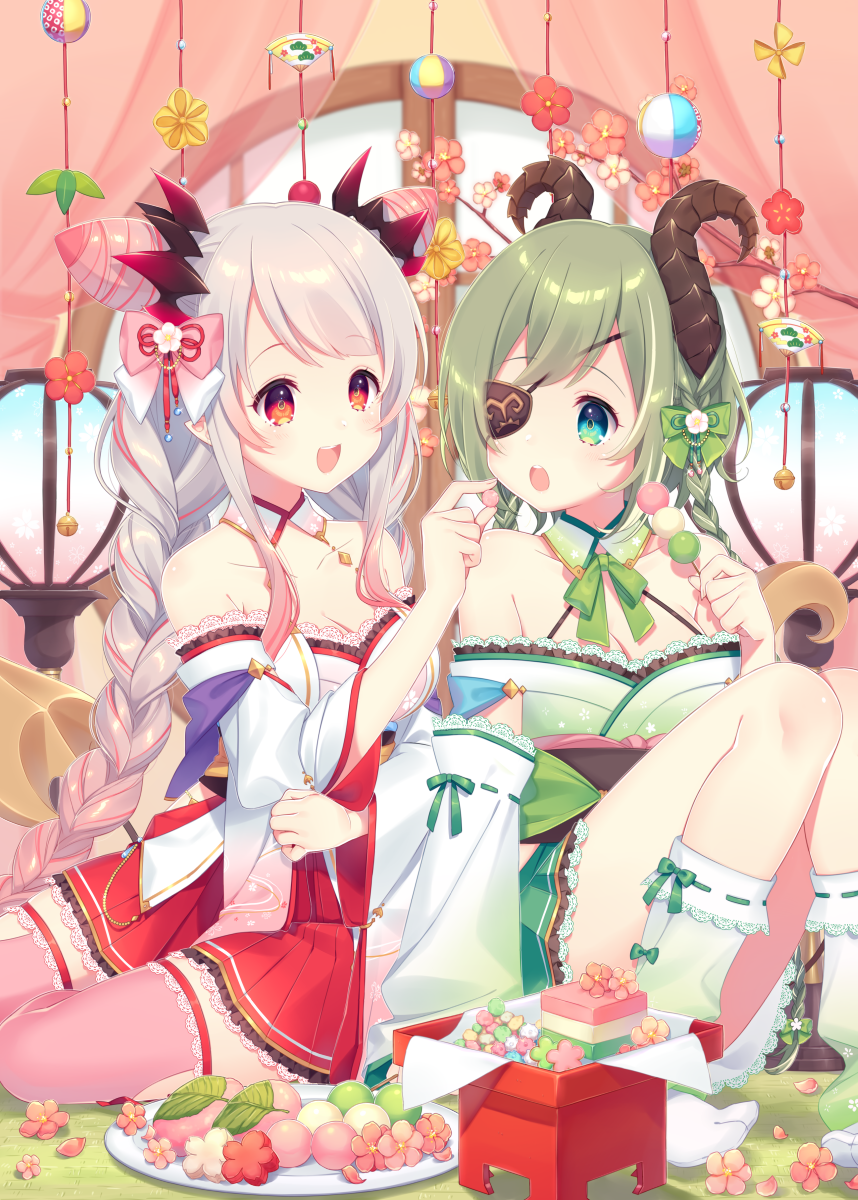 2girls :d bell blue_eyes blush braid branch breasts cleavage commentary_request cone_hair_bun curtains eyepatch feeding gradient_hair green_hair green_kimono green_skirt grey_hair hair_bun highres hishimochi honey_strap horns japanese_clothes jingle_bell kimono knees_up kusumoto_shizuru low_twintails medium_breasts multicolored_hair multiple_girls nanashi_inc. no_shoes off_shoulder pink_hair pink_thighhighs pleated_skirt pointy_ears red_eyes red_skirt ribbon-trimmed_legwear ribbon_trim round_window sekishiro_mico skirt smile suou_patra swept_bangs tabi teeth thighhighs transparent twin_braids twintails upper_teeth_only virtual_youtuber white_kimono window