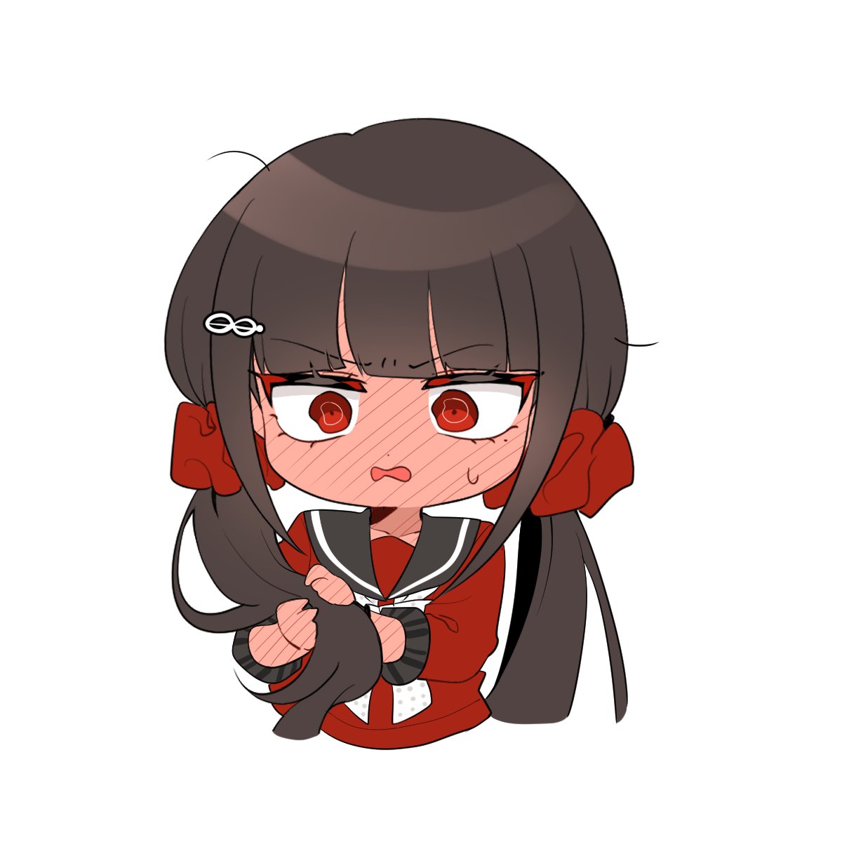 1girl black_sailor_collar blush bow bowtie brown_hair cropped_torso d: danganronpa_(series) danganronpa_v3:_killing_harmony full-face_blush hair_ornament hair_scrunchie hairclip harukawa_maki highres long_hair long_sleeves peppo_(2cleft_0109) red_eyes red_scrunchie red_shirt sailor_collar scrunchie shirt simple_background solo twintails white_background white_bow white_bowtie