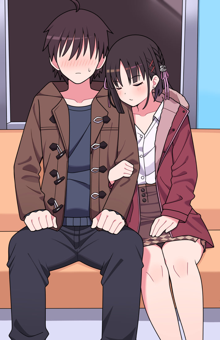 1boy 1girl ahoge arm_hug black_hair black_pants blush braid brown_hair brown_jacket brown_skirt cafe_stella_to_shinigami_no_chou closed_eyes closed_mouth coat commentary couple embarrassed feet_out_of_frame flower frown fur-trimmed_hood fur_trim hair_flower hair_ornament hair_ribbon hairclip hands_on_own_thighs head_on_another's_shoulder hetero high-waist_skirt hood hood_down jacket long_sleeves no_eyes nose_blush official_alternate_costume open_clothes open_coat open_jacket pants pink_ribbon red_coat ribbon shiki_natsume shirt short_hair side-by-side side_braid sitting skirt sweatdrop symbol-only_commentary takamine_kousei train_interior white_flower white_shirt winter_clothes zlmh7okwwbmghfo