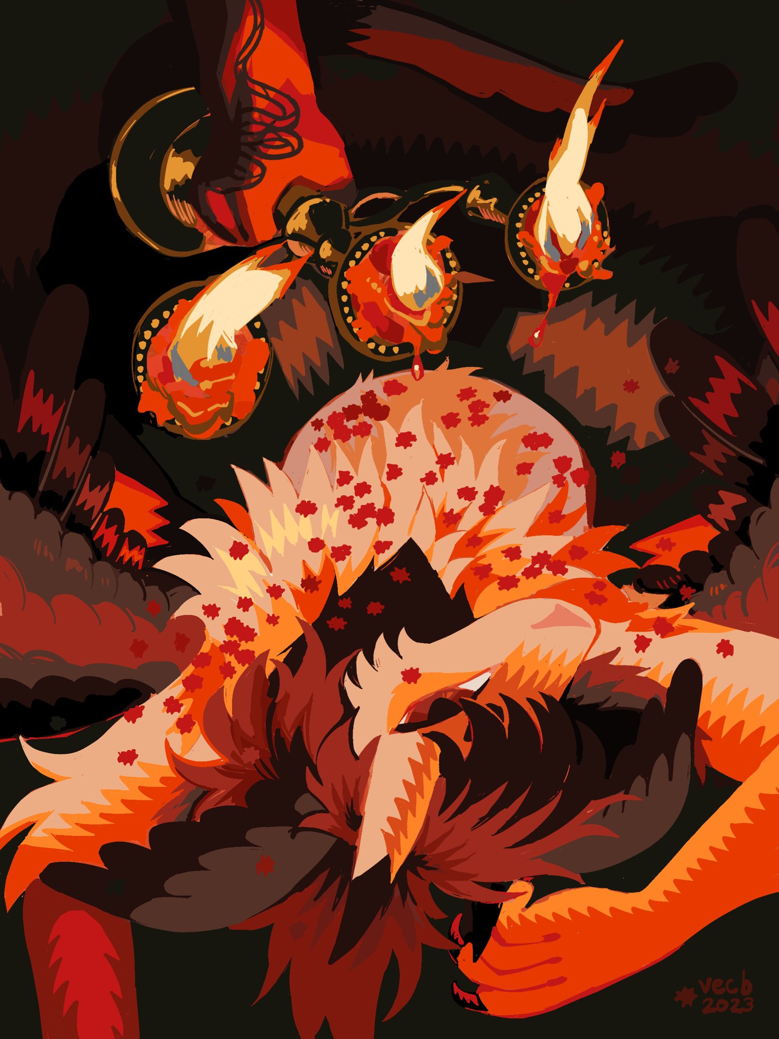 2023 anthro artist_name birdpaw_(artist) brown_ears chest_tuft clothing digital_media_(artwork) dragon feathered_dragon feathers fur furred_dragon fursona_(birdpaw) hair hi_res horn looking_at_viewer lying male multicolored_horn on_back orange_hair orange_theme pink_nose shaded smile solo tan_body tan_fur tan_horn tuft two_tone_horn