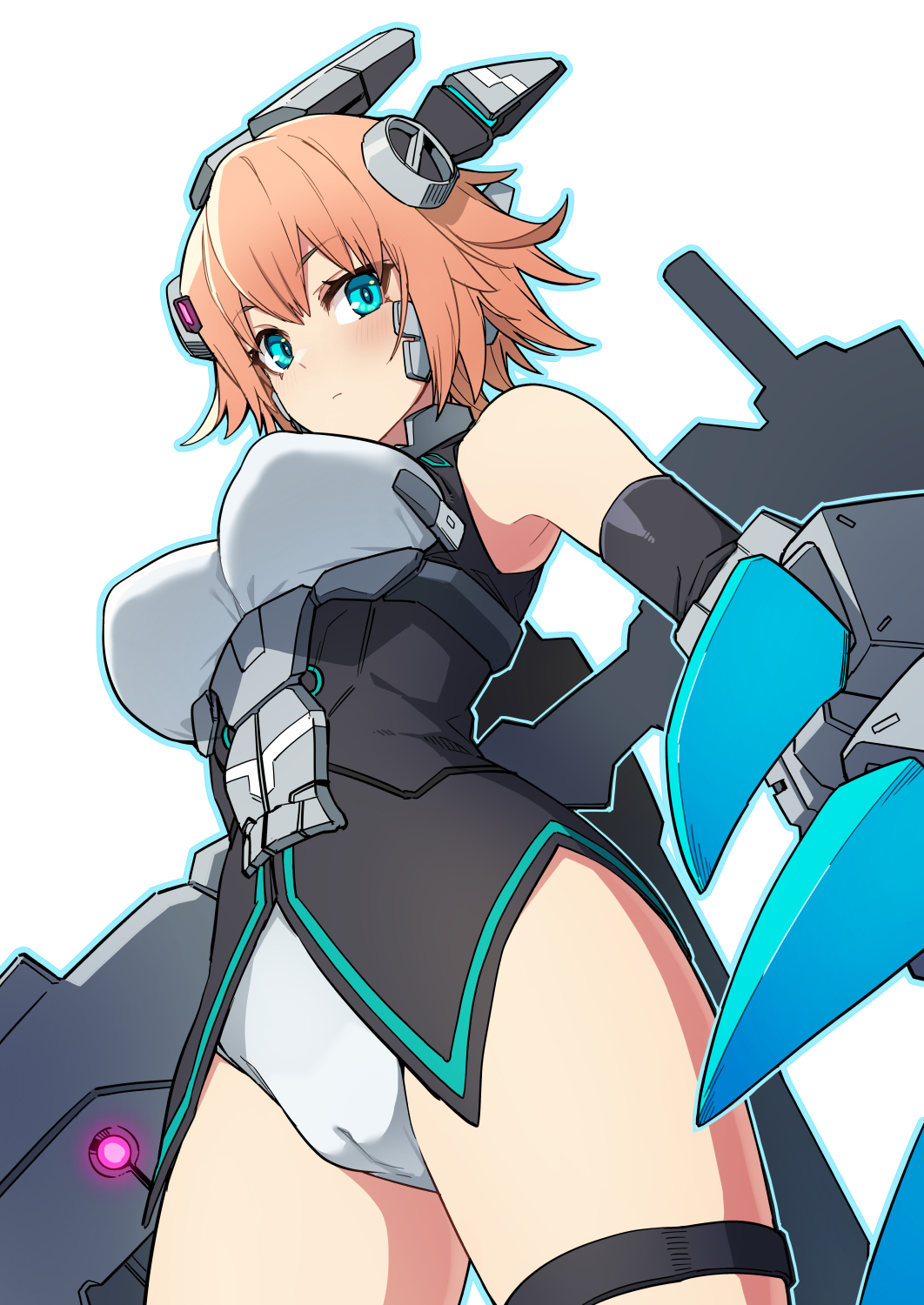 1girl aqua_eyes bare_shoulders blush breasts cosmic_break highres large_breasts leotard looking_at_viewer mecha_musume mechanical_arms orange_hair short_hair sidelocks silva_(cosmic_break) solo thighs tsukinami_kousuke