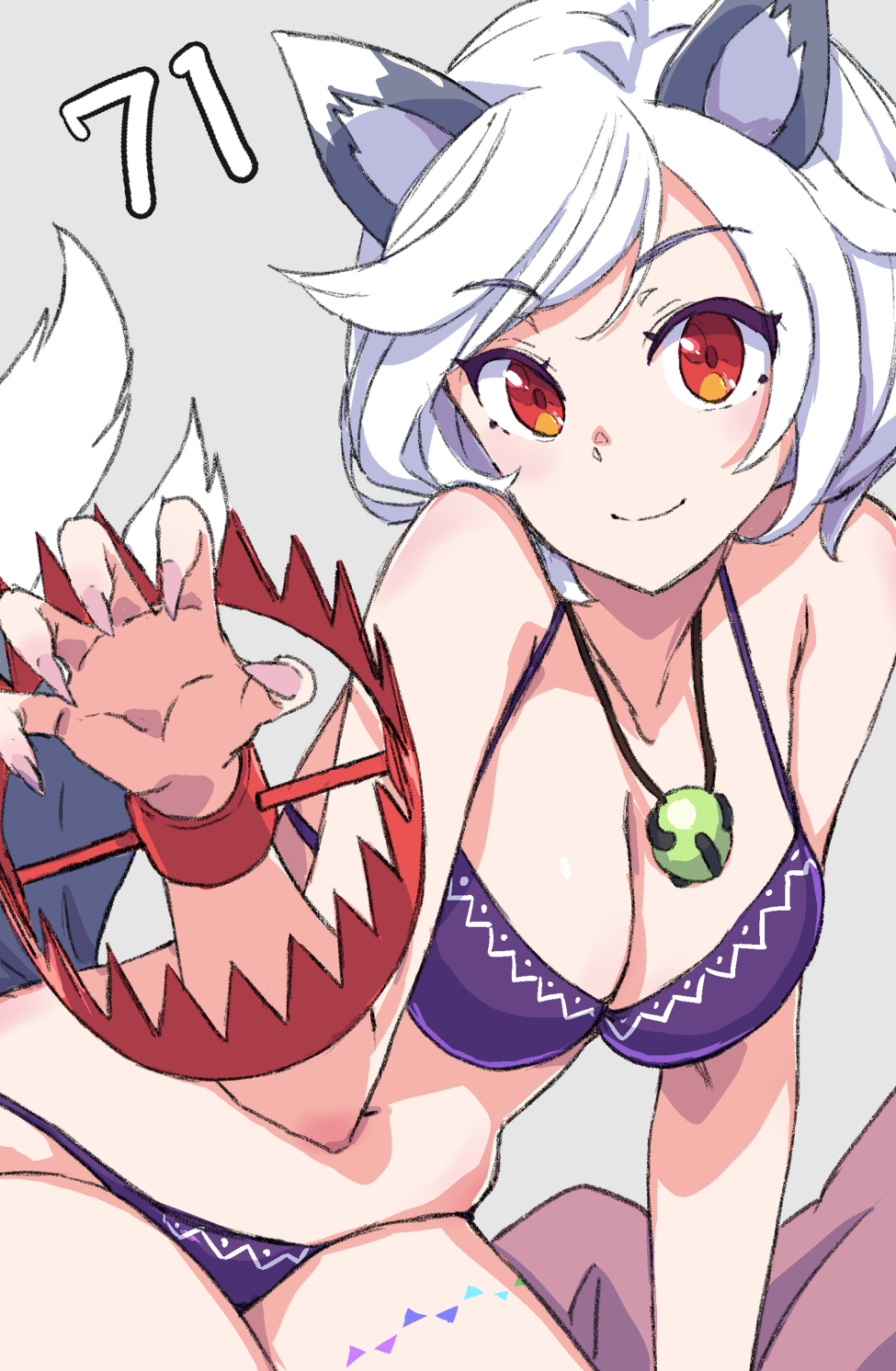 1girl animal_ears bear_trap bikini breasts cleavage closed_mouth dog_ears dog_tail fingernails grey_background grey_hair highres jack_(wkm74959) large_breasts long_fingernails looking_at_viewer mitsugashira_enoko multiple_tails one-hour_drawing_challenge purple_bikini red_eyes sharp_fingernails short_hair simple_background smile solo swimsuit tail touhou