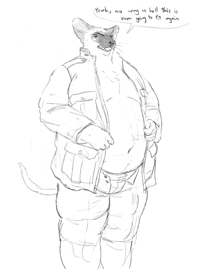 anthro belly big_belly cettus clothed clothing domestic_cat felid feline felis karras_lafontaine male mammal military military_uniform morbidly_obese morbidly_obese_anthro obese obese_anthro overweight overweight_anthro overweight_male partially_clothed shirt siamese solo thick_thighs topwear unbuttoned_shirt uniform wardrobe_malfunction whaleoil1