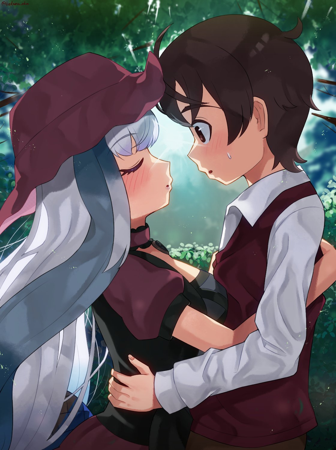 1boy 1girl blue_hair blush breasts brown_hair captain_(kemono_friends) closed_eyes commentary dress frills grey_hair hat highres incoming_kiss kedama_(ughugjydthjdf) kemono_friends kemono_friends_3 komodo_dragon_(kemono_friends) large_breasts lizard_tail long_hair looking_at_another multicolored_hair official_alternate_costume parted_lips puckered_lips reptile_girl shirt short_hair short_sleeves tail upper_body white_hair