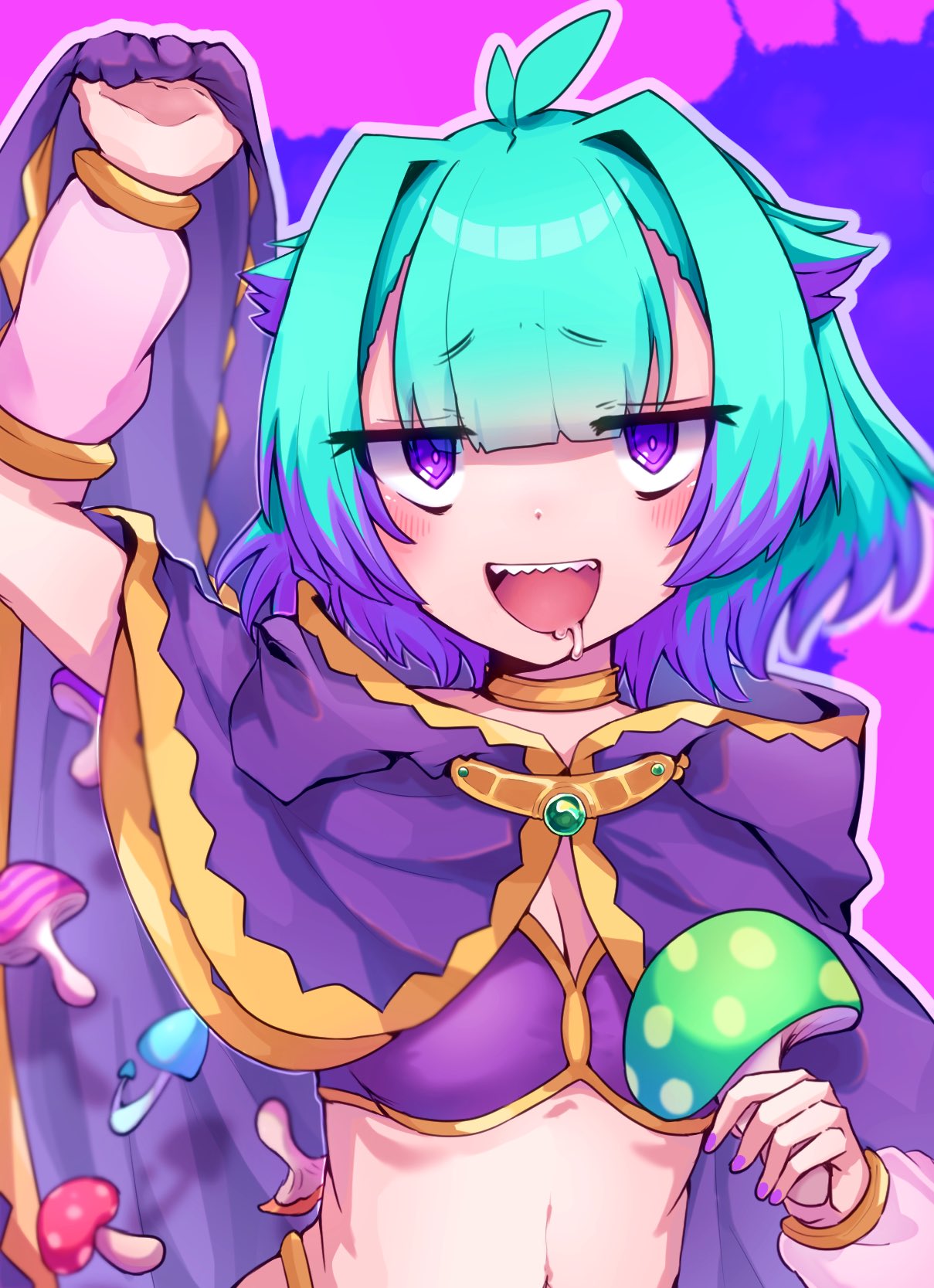 1girl :d aqua_hair bandeau blush breasts colored_tips fate/grand_order fate_(series) gold_choker gold_trim highres holding holding_mushroom hooded_robe kibinago_(kibinago614) locusta_(fate) looking_at_viewer multicolored_hair mushroom navel open_mouth outline purple_eyes purple_robe robe saliva sharp_teeth short_hair simple_background small_breasts smile solo teeth upper_body upper_teeth_only