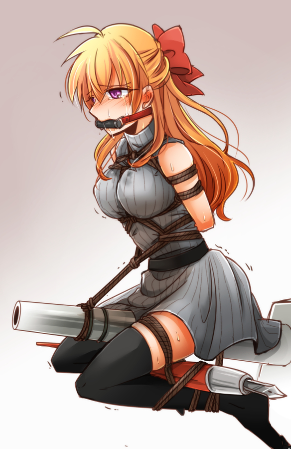 1girl arms_behind_back bit_gag black_thighhighs blush bow commentary_request crying dress gag gekkan_shoujo_nozaki-kun grey_dress hair_bow nib_pen_(object) orange_hair oversized_object pen purple_eyes sakura_chiyo saliva shibari shibari_over_clothes solo streaming_tears sweat takana_x123 tears thighhighs trembling turret turtleneck_dress