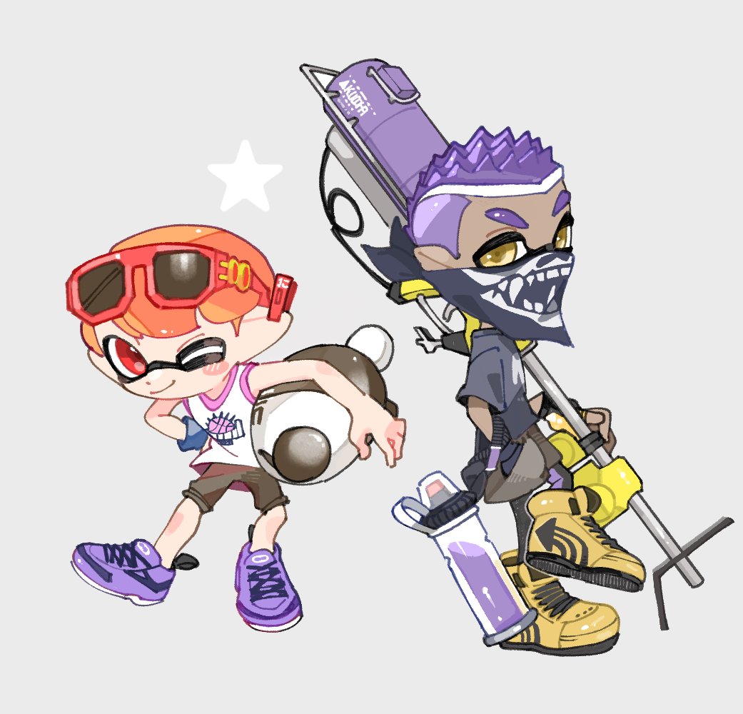 2boys closed_mouth cross-laced_footwear dark-skinned_male dark_skin e-liter_4k_(splatoon) eyewear_on_head full_body grey_background gun holding holding_gun holding_weapon ink_tank_(splatoon) inkling inkling_boy luna_blaster_(splatoon) multiple_boys neckerchief one_eye_closed orange_hair pointy_ears purple_footwear purple_hair red-framed_eyewear red_eyes shoes short_hair simple_background smile spiked_hair spl8ya splatoon_(series) splatoon_3 standing standing_on_one_leg sunglasses tentacle_hair weapon yellow_eyes