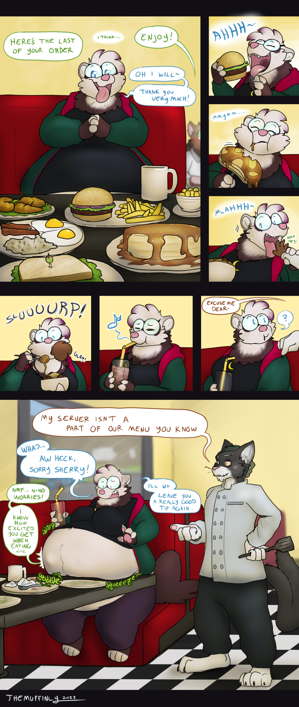 accidental_vore anthro bacon belly belly_on_table beverage big_belly breasts burger chicken_tenders comic diner domestic_ferret eating egg felid feline female food fries happy hi_res male mammal meat milkshake mustelid musteline overweight overweight_female pancake pasta pudding_(themuffinly) restaurant rodent sandwich_(disambiguation) sciurid slightly_chubby slurping spaghetti spatula themuffinly tools tree_squirrel true_musteline unaware_pred vore weasel