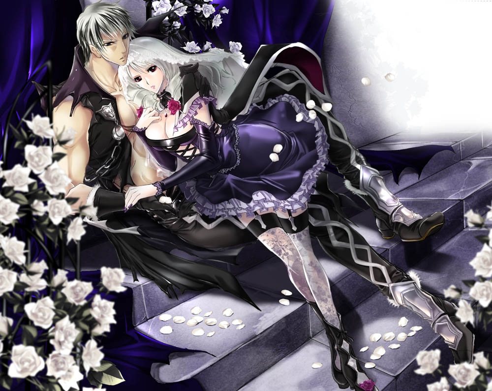 1boy 1girl black_gloves black_hair breasts cleavage coco_(eccentricrouge) dress drill_hair flower garter_straps gloves gothic_lolita hood lace lace_legwear lolita_fashion looking_at_viewer multicolored_hair nail_polish patterned_legwear purple_nails rose silver_hair soul_calibur soulcalibur_v thighhighs vest viola_(soulcalibur) white_hair white_rose zwei_(soulcalibur)