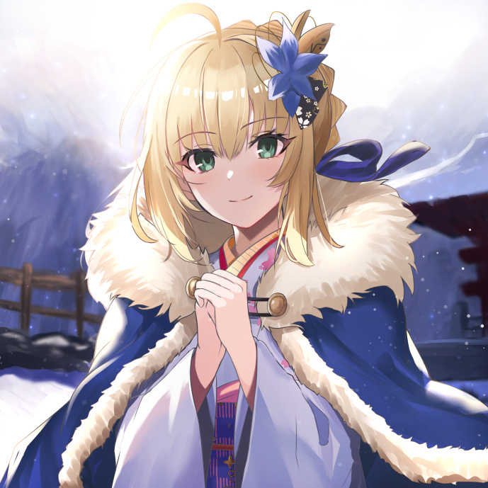 1girl ahoge artoria_pendragon_(fate) blonde_hair blue_cloak blue_ribbon braid breasts cloak fate/grand_order fate/stay_night fate_(series) flower french_braid fur-trimmed_cloak fur_trim green_eyes hair_bun hair_flower hair_ornament hair_ribbon japanese_clothes kimono long_hair long_sleeves looking_at_viewer neko_daruma ribbon saber_(fate) sidelocks smile white_kimono wide_sleeves