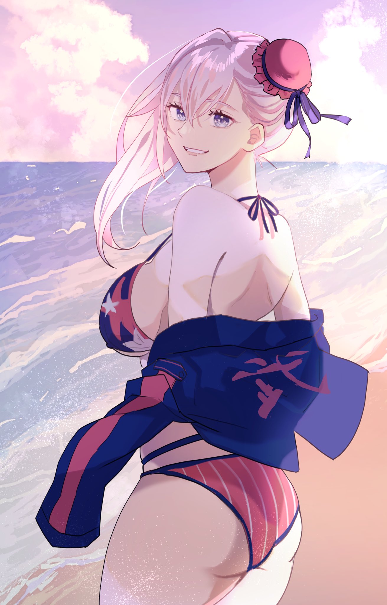 1girl american_flag_bikini ass beach bikini breasts bun_cover cloud commentary_request fate/grand_order fate_(series) flag_print floating_hair from_behind grin hair_between_eyes hair_bun highres kobu_ch large_breasts looking_at_viewer miyamoto_musashi_(fate) miyamoto_musashi_(swimsuit_berserker)_(fate) miyamoto_musashi_(swimsuit_berserker)_(second_ascension)_(fate) ocean outdoors pink_hair purple_eyes sand single_hair_bun sky smile solo swimsuit teeth water