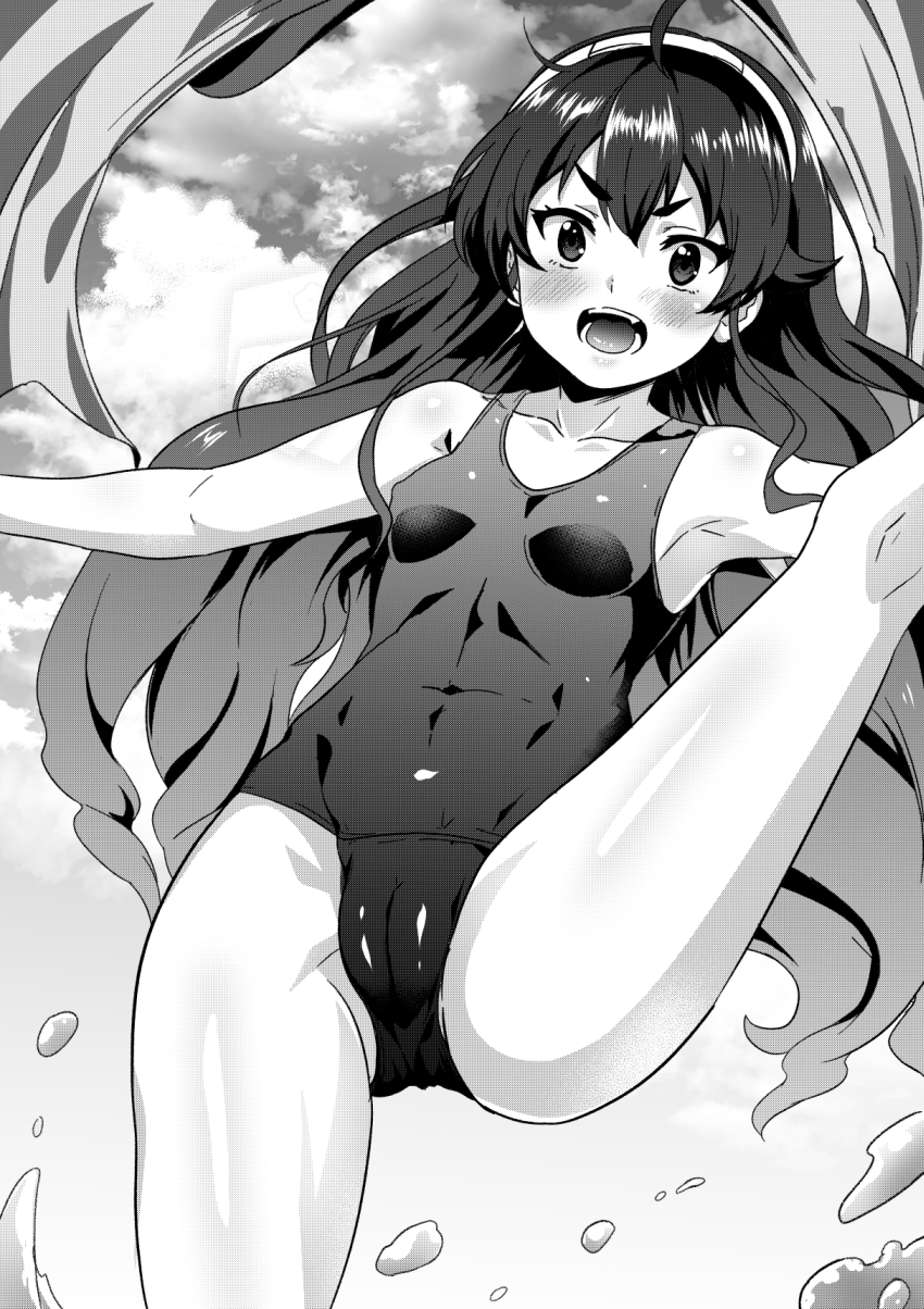 1girl ahoge armpits blush breasts cameltoe cloud covered_navel eris_greyrat feet_out_of_frame fuyumi_kazuki greyscale hair_between_eyes hairband high_kick highres kicking long_hair looking_at_viewer monochrome mushoku_tensei one-piece_swimsuit open_mouth school_swimsuit sky small_breasts solo sparkle splashing split swimsuit teeth very_long_hair