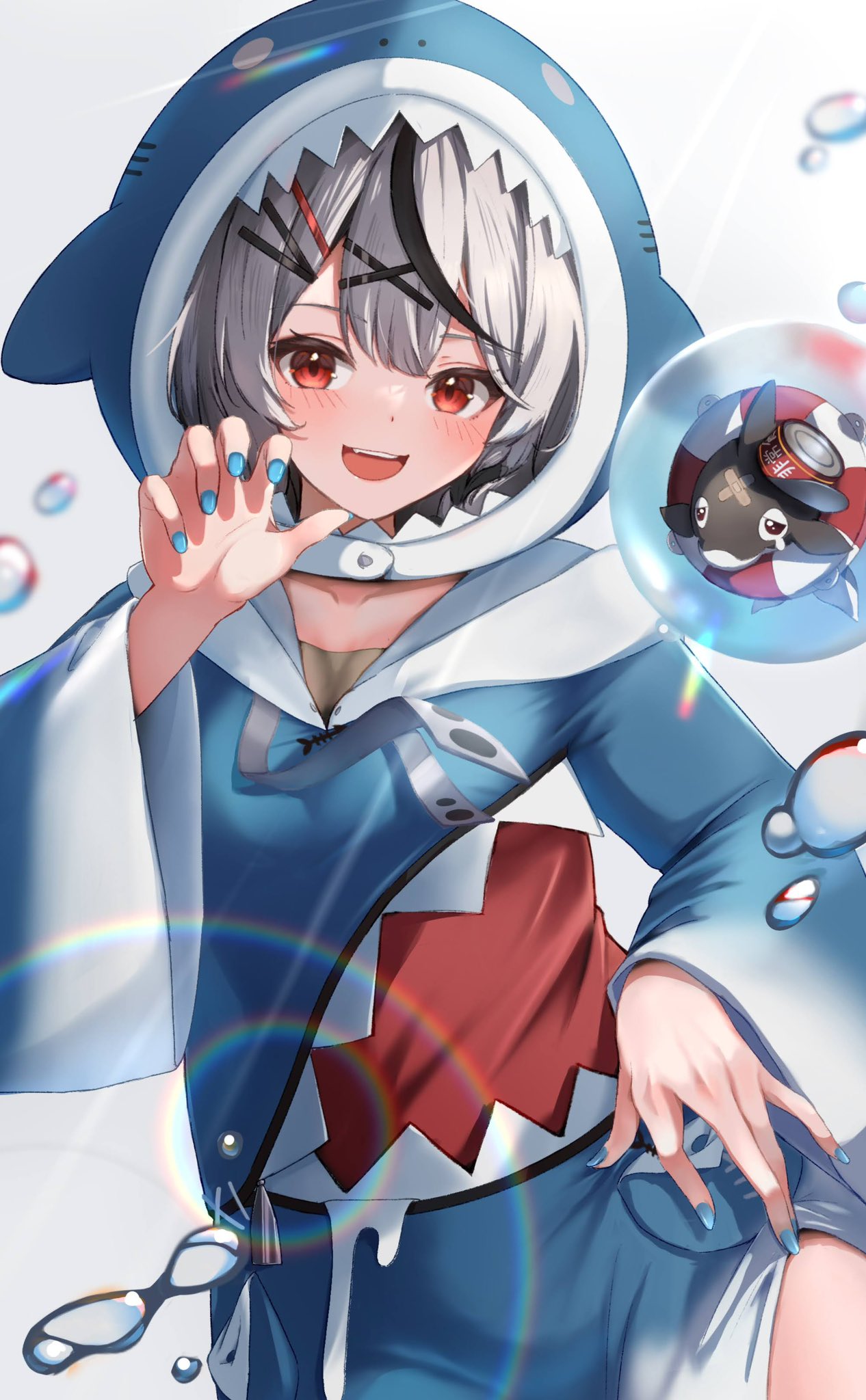 1girl ahoge animal_hood bandages black_hair blue_hoodie blue_nails blush bubble buoy claw_pose clothes_pull cosplay fang gawr_gura gawr_gura_(1st_costume) gawr_gura_(cosplay) grey_hair hair_ornament hairclip highres hololive hololive_english hood hoodie hoodie_pull hoso-inu multicolored_hair orca parted_bangs red_eyes saka_mikatsuki sakamata_chloe shark_hood smile solo streaked_hair teeth thighs upper_teeth_only virtual_youtuber water white_background x_hair_ornament