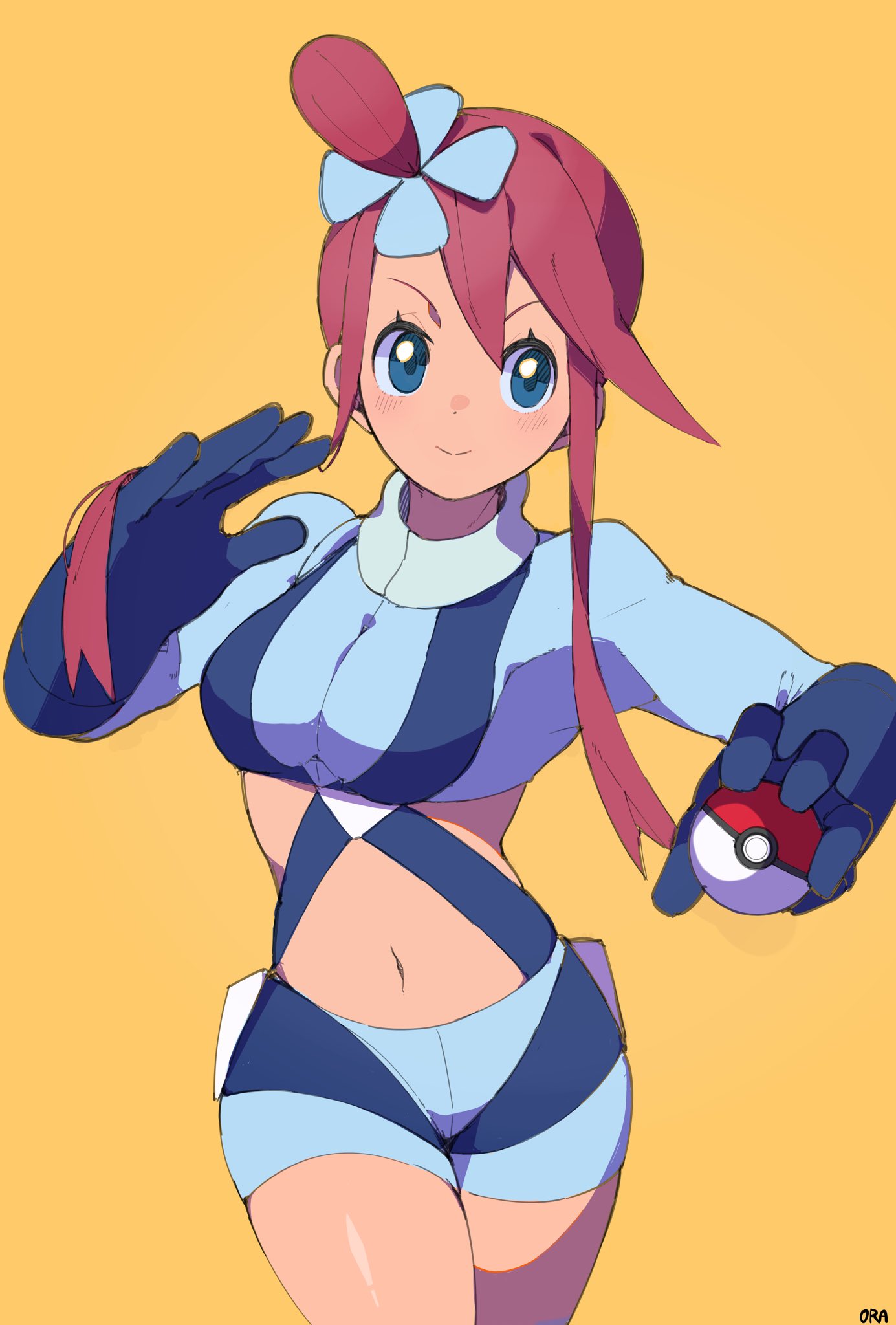 1girl artist_name blue_eyes blue_gloves blush breasts cowboy_shot gloves hair_ornament highres holding holding_poke_ball looking_to_the_side midriff navel ora_(oraora_oekaki) poke_ball poke_ball_(basic) pokemon pokemon_bw propeller_hair_ornament red_hair short_shorts shorts simple_background skyla_(pokemon) small_breasts smile solo v-shaped_eyebrows yellow_background