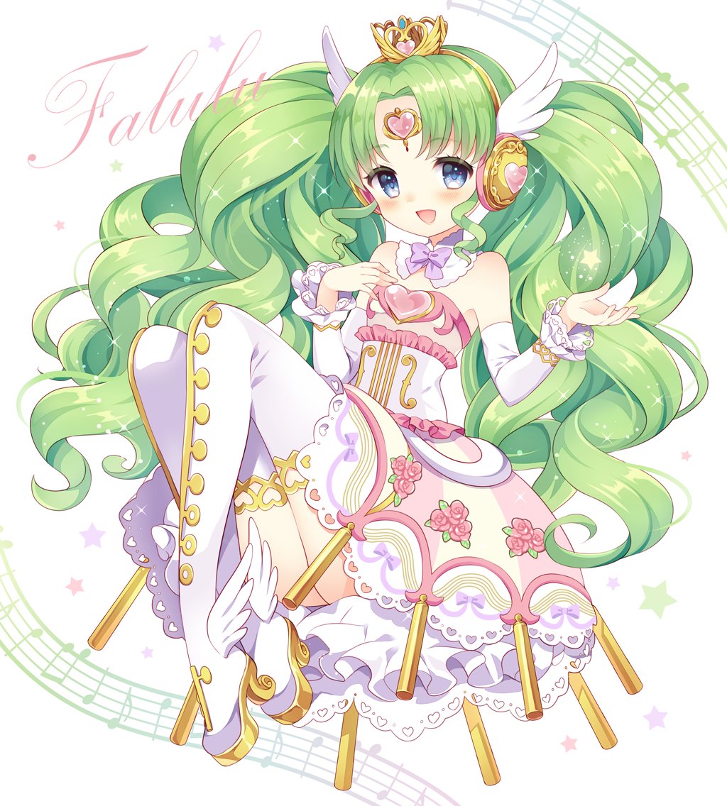 1girl bare_shoulders blue_eyes boots crown dress elbow_gloves falulu falulu_(awakened) forehead_jewel full_body gloves gold_trim green_hair hands_up headphones high_heel_boots high_heels idol_clothes knees_up long_hair looking_at_viewer musical_note open_mouth parted_bangs pink_dress pretty_series pripara sheet_music sidelocks smile solo strapless strapless_dress thigh_boots twintails very_long_hair wasabi_(sekai) white_gloves wing_hair_ornament