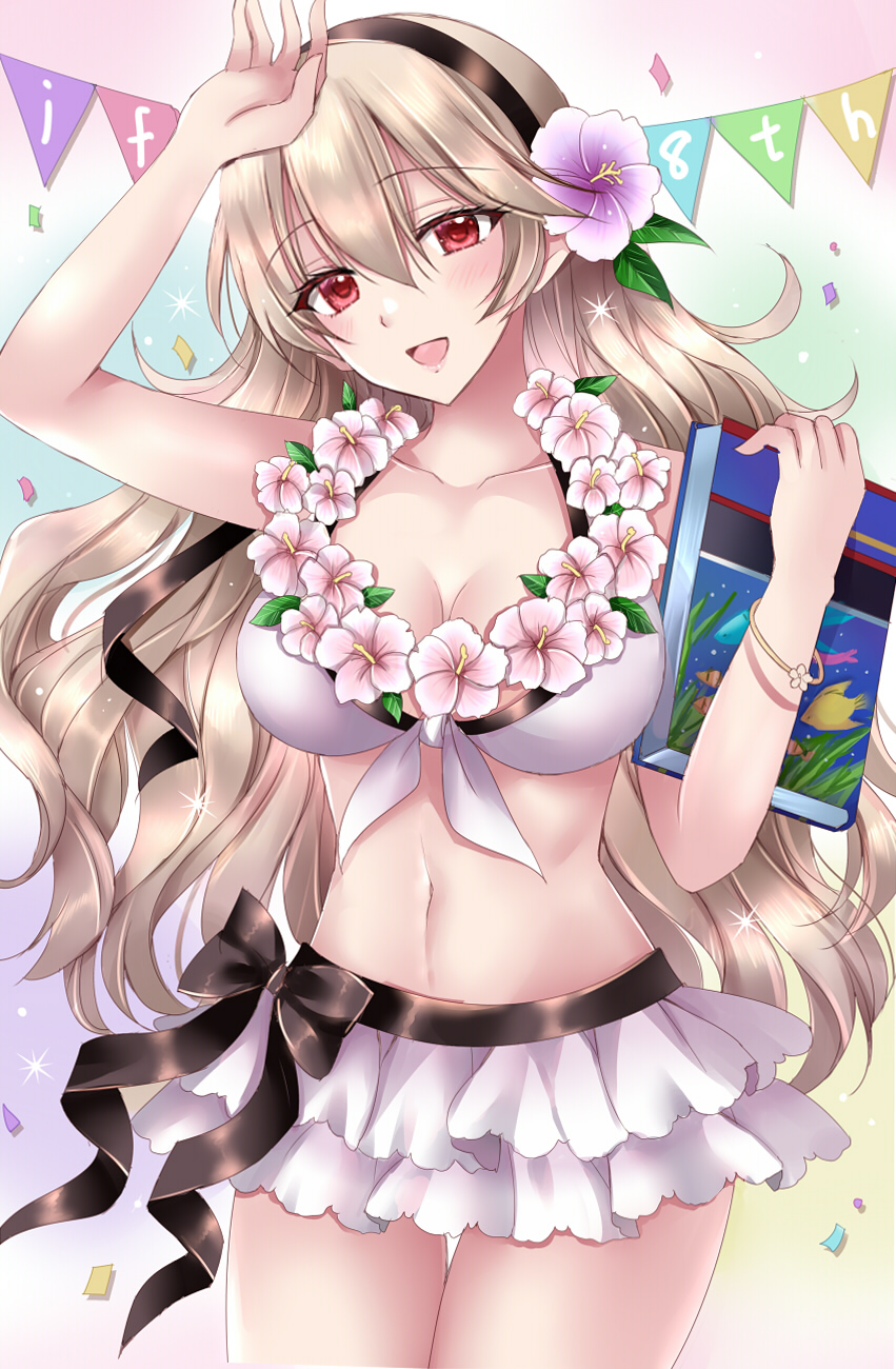 1girl :d arm_up bare_arms bare_shoulders bikini black_hairband blush book breasts brown_hair cleavage collarbone confetti corrin_(female)_(fire_emblem) corrin_(female)_(summer)_(fire_emblem) corrin_(fire_emblem) fire_emblem fire_emblem_fates fire_emblem_heroes flower hair_between_eyes hair_flower hair_ornament hairband hand_up head_tilt highres holding holding_book kirishima_riona layered_bikini long_hair looking_at_viewer medium_breasts navel official_alternate_costume pennant purple_flower red_eyes smile solo standing string_of_flags swimsuit very_long_hair white_bikini