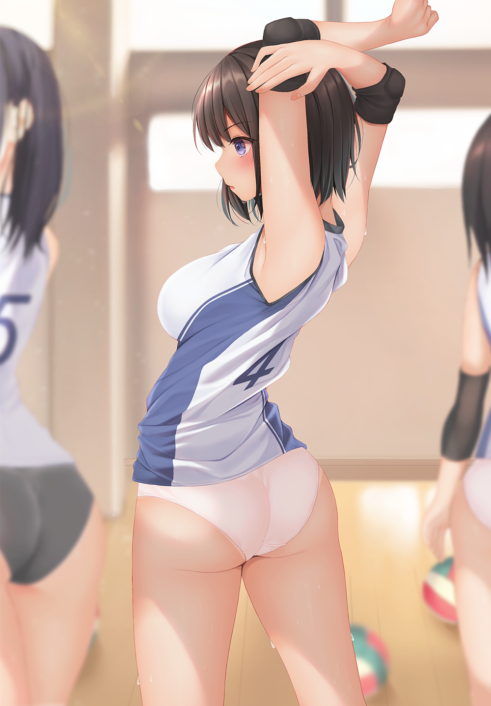 3girls armpits arms_up ass ball blue_eyes blurry blurry_background breasts brown_hair elbow_pads elbow_sleeve highres indoors knee_pads large_breasts minato_ojitan multiple_girls no_pants original panties pink_panties shirt sleeveless sleeveless_shirt solo_focus sportswear tan underwear volleyball volleyball_uniform