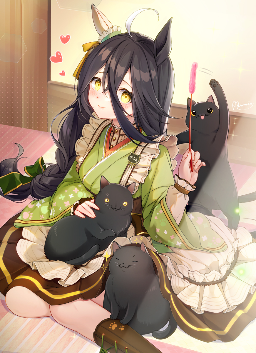 1girl ahoge animal_ears black_cat black_hair boots brown_corset brown_footwear cat corset ear_covers frilled_kimono frills green_kimono heart highres horse_ears horse_girl japanese_clothes kimono long_bangs long_hair long_sleeves maid manhattan_cafe_(umamusume) manhattan_cafe_(verdant_night)_(umamusume) maronie. name_tag official_alternate_costume official_alternate_hairstyle single_ear_cover smile umamusume wa_maid