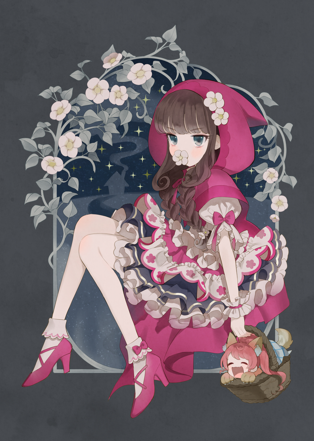 2girls :d animal_ears animal_hands basket blue_eyes braid brown_hair capelet closed_eyes commentary_request cosplay covered_mouth dress flower frilled_dress frills from_side full_body gloves grey_background high_heels highres holding holding_basket hood hood_up invisible_chair kurosu_aroma layered_dress leaf little_red_riding_hood little_red_riding_hood_(grimm) little_red_riding_hood_(grimm)_(cosplay) long_hair low_twin_braids mini_person minigirl multiple_girls open_mouth oshiri_(o4ritarou) paw_gloves pink_capelet pink_footwear plant ponytail pretty_series pripara puffy_short_sleeves puffy_sleeves red_hair shiratama_mikan short_sleeves sitting smile socks solo_focus sparkle tail twin_braids vines white_flower white_socks wolf_ears wolf_tail wrist_cuffs