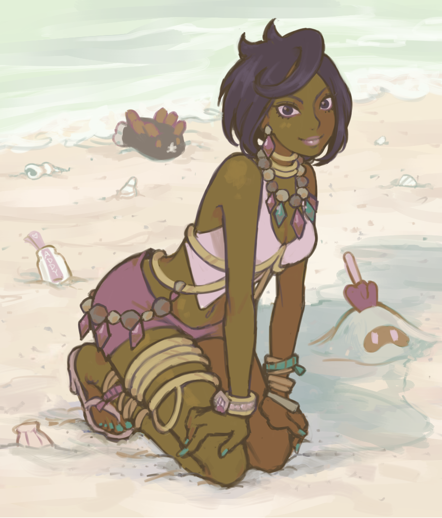 1girl anklet aqua_gemstone bare_arms bare_shoulders bead_necklace beads black_hair breasts cleavage collarbone crop_top dark-skinned_female dark_skin diamond_(gemstone) diamond_(shape) diamond_earrings earrings english_commentary halter_shirt halterneck jewelry jivke neck_ring necklace olivia_(pokemon) pink_gemstone pink_lips pink_shirt pokemon pokemon_(creature) pokemon_sm purple_shorts pyukumuku sand sandygast sea_cucumber shirt short_hair shorts sitting squatting wariza