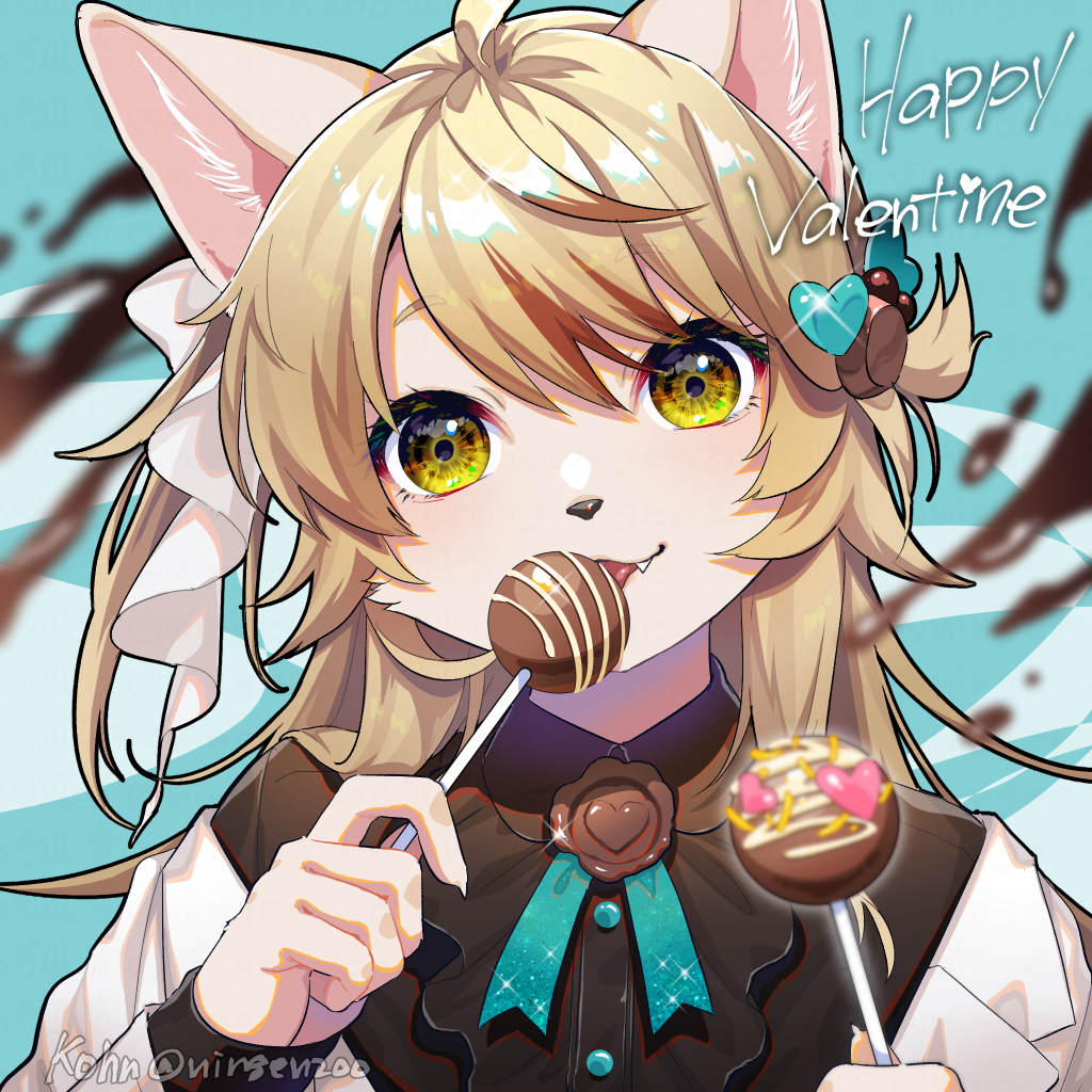 1girl ahoge animal_ears animal_nose blonde_hair blue_background blurry blurry_background blurry_foreground brown_hair chocolate dog_ears eating fang food furry furry_female hair_ornament happy_valentine heart heart_hair heart_hair_ornament holding holding_food ko-on_(ningen_zoo) long_hair looking_at_viewer multicolored_hair original solo streaked_hair twitter_username yellow_eyes