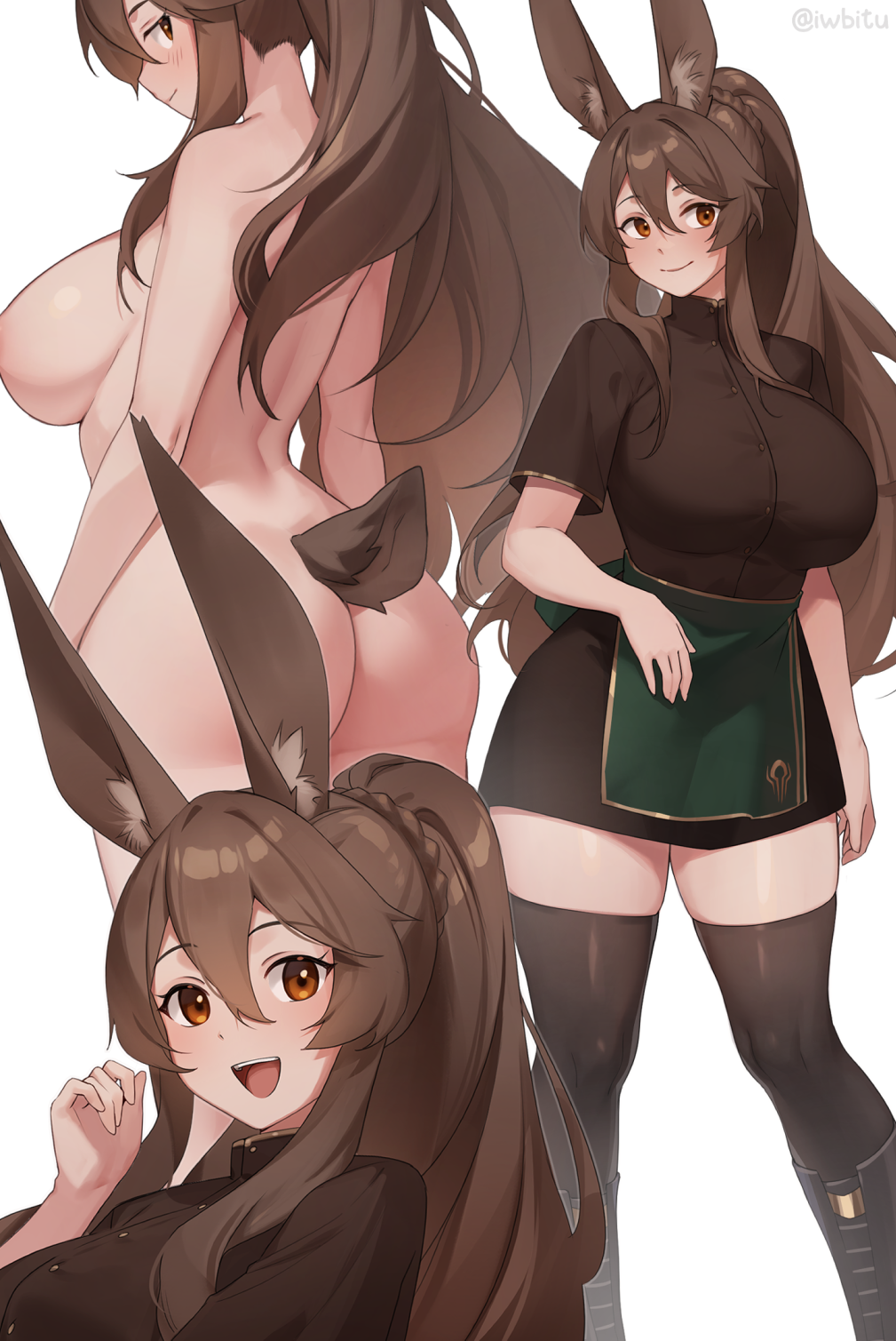 1girl animal_ears apron ass black_thighhighs blush boots breasts brown_eyes brown_hair brown_shirt brown_skirt completely_nude green_apron hand_up highres iwbitu large_breasts long_hair looking_at_viewer looking_to_the_side multiple_views nude open_mouth original playboy_bunny rabbit_ears rabbit_girl rabbit_tail shirt simple_background skirt smile tail thighhighs tongue white_background