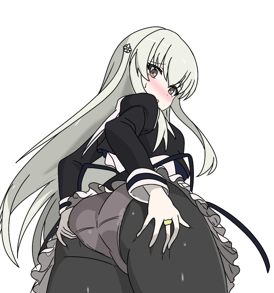1girl ass ass_grab assault_lily black_pantyhose black_skirt blush breasts clothes_lift cowboy_shot cropped_jacket egawa_kusumi flower frilled_skirt frills from_behind from_below grabbing_own_ass grey_hair hair_between_eyes hair_flower hair_ornament jewelry kimassi long_hair looking_at_viewer looking_back looking_down miniskirt nose_blush panties panties_under_pantyhose pantyhose parted_lips raised_eyebrows ring school_uniform shirt simple_background skirt skirt_lift small_breasts solo standing sweatdrop underwear very_long_hair white_background white_flower white_shirt yurigaoka_girls_academy_school_uniform