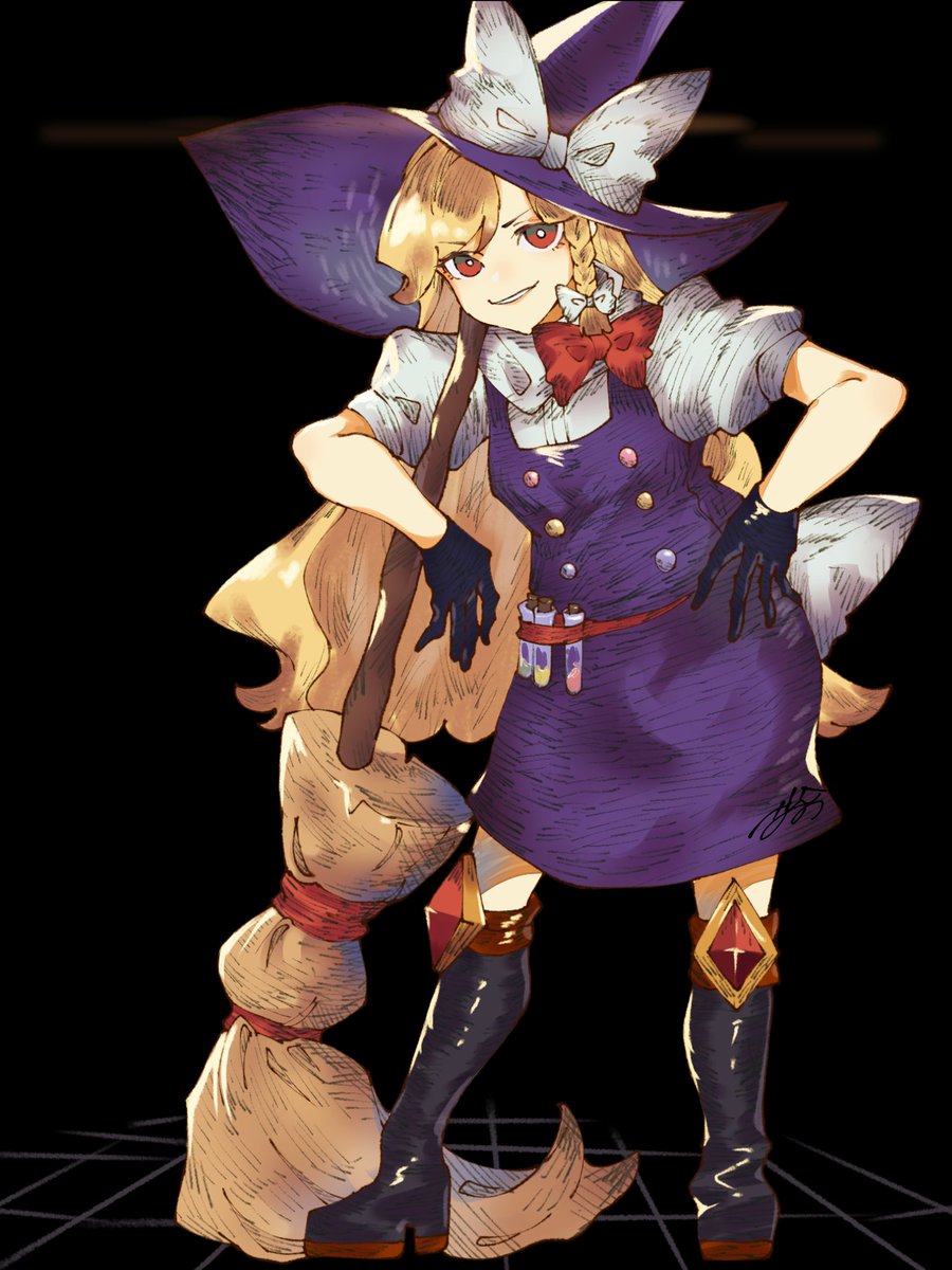 1girl aojirozame1228 belt black_background black_footwear black_gloves black_headwear blonde_hair boots bow bowtie braid bright_pupils broom closed_mouth dress full_body gem gloves grid grin hair_bow hand_on_own_hip hat hat_bow highres holding holding_broom kirisame_marisa light_frown long_hair looking_at_viewer parted_lips puffy_short_sleeves puffy_sleeves purple_dress red_belt red_bow red_bowtie red_eyes red_gemstone shirt short_sleeves single_braid smile solo standing test_tube touhou white_bow white_pupils white_shirt witch_hat
