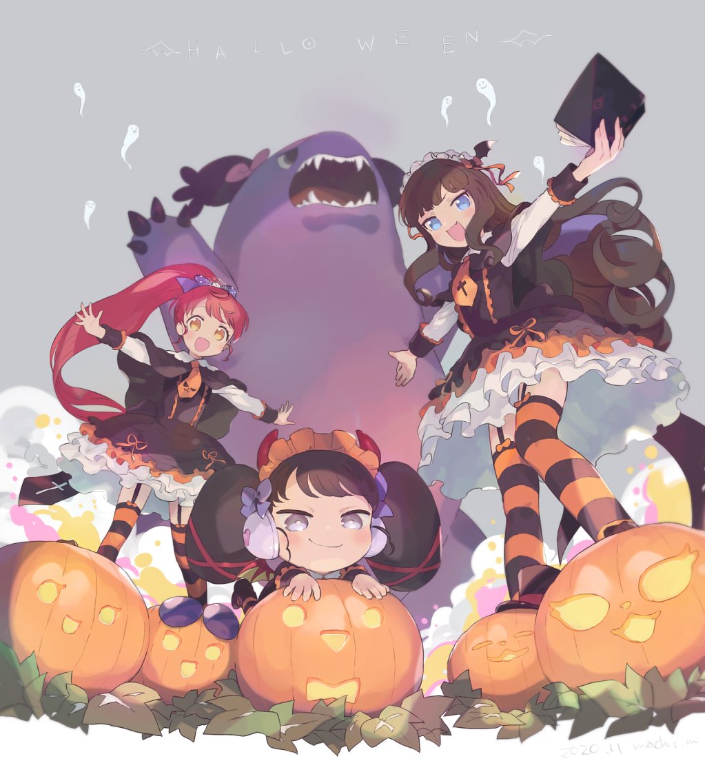 3girls :d black_dress black_hair blue_eyes book bow brown_hair commentary_request dress frilled_dress frilled_hairband frills full_body gaaruru_(pripara) gajira_(pripara) ghost hairband halloween halloween_costume headphones holding holding_book horns jack-o'-lantern kaijuu kurosu_aroma leaf long_hair long_sleeves looking_at_viewer machico_maki mini_person minigirl multiple_girls necktie open_book open_mouth outstretched_arms ponytail pretty_series pripara pumpkin purple_bow red_hair red_horns shiratama_mikan sidelocks smile spread_arms standing striped_clothes striped_thighhighs thighhighs twintails very_long_hair yellow_eyes yellow_necktie