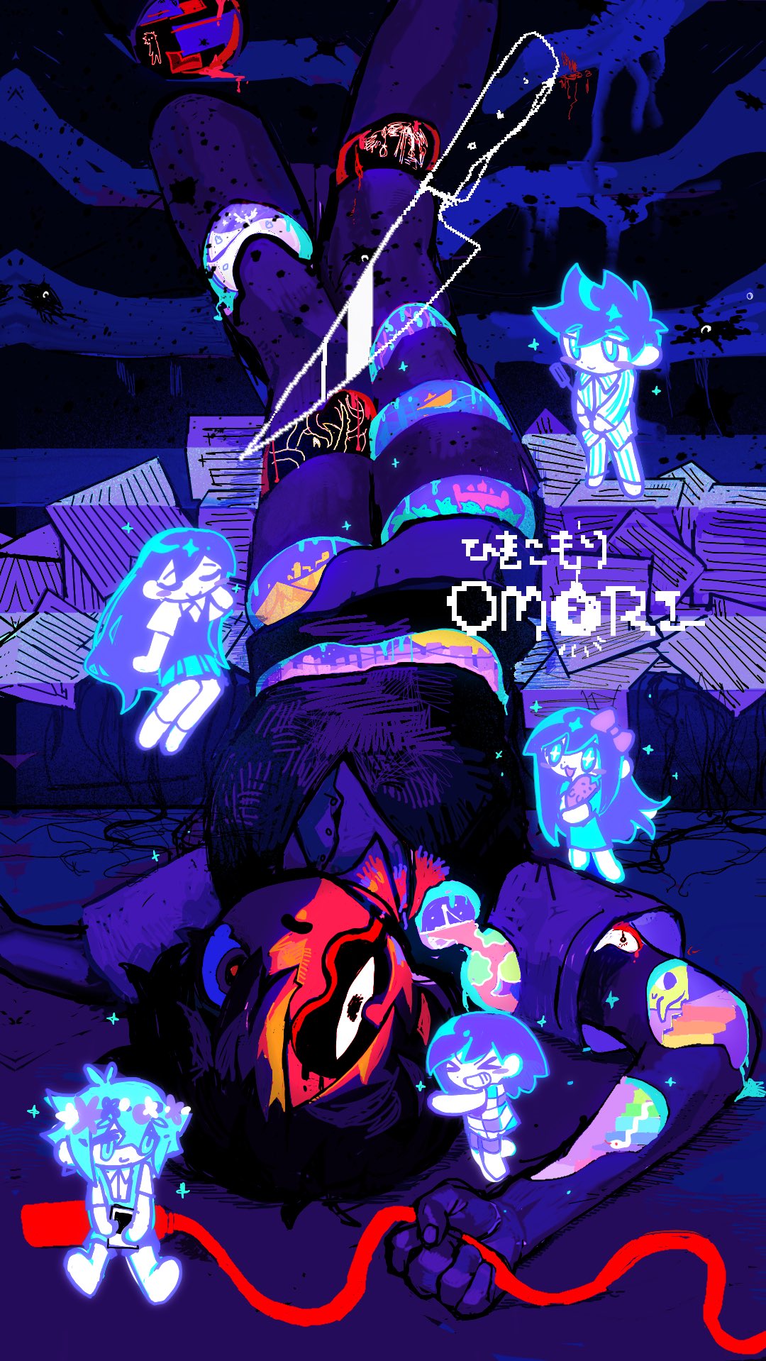 2girls 4boys aubrey_(headspace)_(omori) aubrey_(omori) basil_(headspace)_(omori) basil_(omori) black_hair black_vest cutting feet_out_of_frame from_above glowing glowing_eye hero_(headspace)_(omori) hero_(omori) highres holding holding_rope hole_in_face honshiya jaggy_lines jump_rope kel_(headspace)_(omori) kel_(omori) knife looking_at_viewer lying male_focus mari_(headspace)_(omori) mari_(omori) mini_person miniboy minigirl multiple_boys multiple_girls omori on_back open_mouth paper rope severed_leg severed_limb shirt short_hair slicing solo_focus something_(omori) sparkle stairs sunny_(omori) vest white_shirt