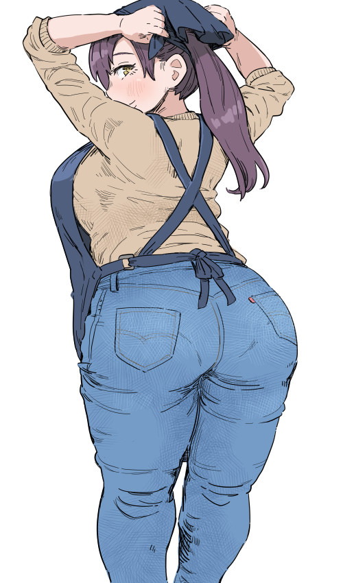 1girl adjusting_clothes adjusting_headwear apron arms_up ass black_apron breasts brown_eyes brown_hair brown_sweater denim jeans long_hair long_sleeves looking_back mature_female original pants pocket puuyan simple_background solo standing sweater white_background