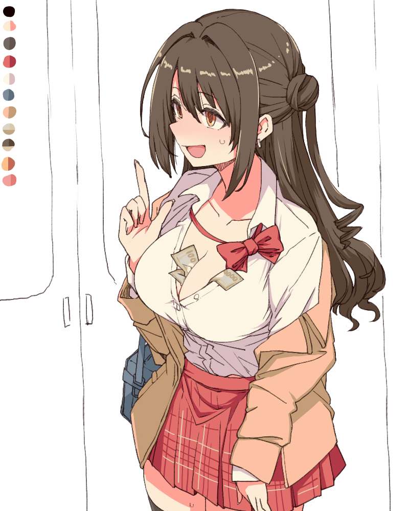 1girl :d bag between_breasts black_thighhighs blush bow bowtie breasts brown_hair cleavage collarbone color_guide dress_shirt earrings idolmaster idolmaster_cinderella_girls index_finger_raised jacket jewelry large_breasts long_hair long_sleeves money one_side_up open_clothes open_jacket open_mouth partially_unbuttoned plaid plaid_skirt pleated_skirt prostitution red_bow red_bowtie red_skirt school_bag school_uniform shimamura_uzuki shirt sidelocks skirt smile solo sweatdrop thighhighs thighs toriga_naku tucked_money unbuttoned unbuttoned_shirt white_shirt yellow_eyes