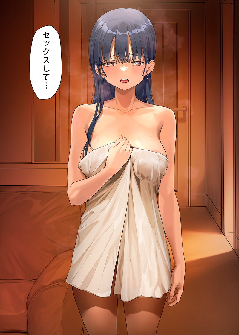 1girl a1 bed bedroom black_hair boku_no_kokoro_no_yabai_yatsu breasts brown_eyes collarbone commentary_request cowboy_shot door earrings indoors jewelry large_breasts long_hair naked_towel solo speech_bubble standing towel translation_request yamada_anna