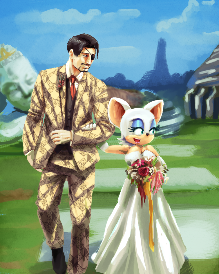 2021 anthro b0dko bat big_ears black_eyelashes black_hair black_nose blue_eyeshadow bouquet breasts clothing dress duo eye_patch eyelashes eyeshadow eyewear female flower flower_bouquet fur goro_majima hair human human_on_anthro interspecies light_body light_skin makeup male male/female mammal plant rouge_the_bat sega short_hair slit_dress sonic_the_hedgehog_(series) tan_body tan_inner_ear tan_skin wedding wedding_dress white_body white_ears white_fur white_hair yakuza yakuza_(series)