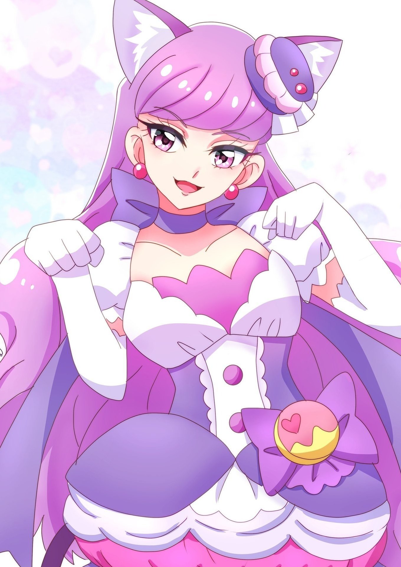 1girl animal_ears bow_choker breasts cake_hair_ornament cat_ears cat_tail choker cure_macaron earrings elbow_gloves extra_ears food-themed_hair_ornament gloves hair_ornament highres jewelry kirakira_precure_a_la_mode long_hair looking_at_viewer macaron_hair_ornament magical_girl medium_breasts momotarouooi paw_pose pom_pom_(clothes) pom_pom_earrings precure purple_choker purple_eyes purple_hair purple_tail ribbon_choker smile solo tail upper_body white_gloves