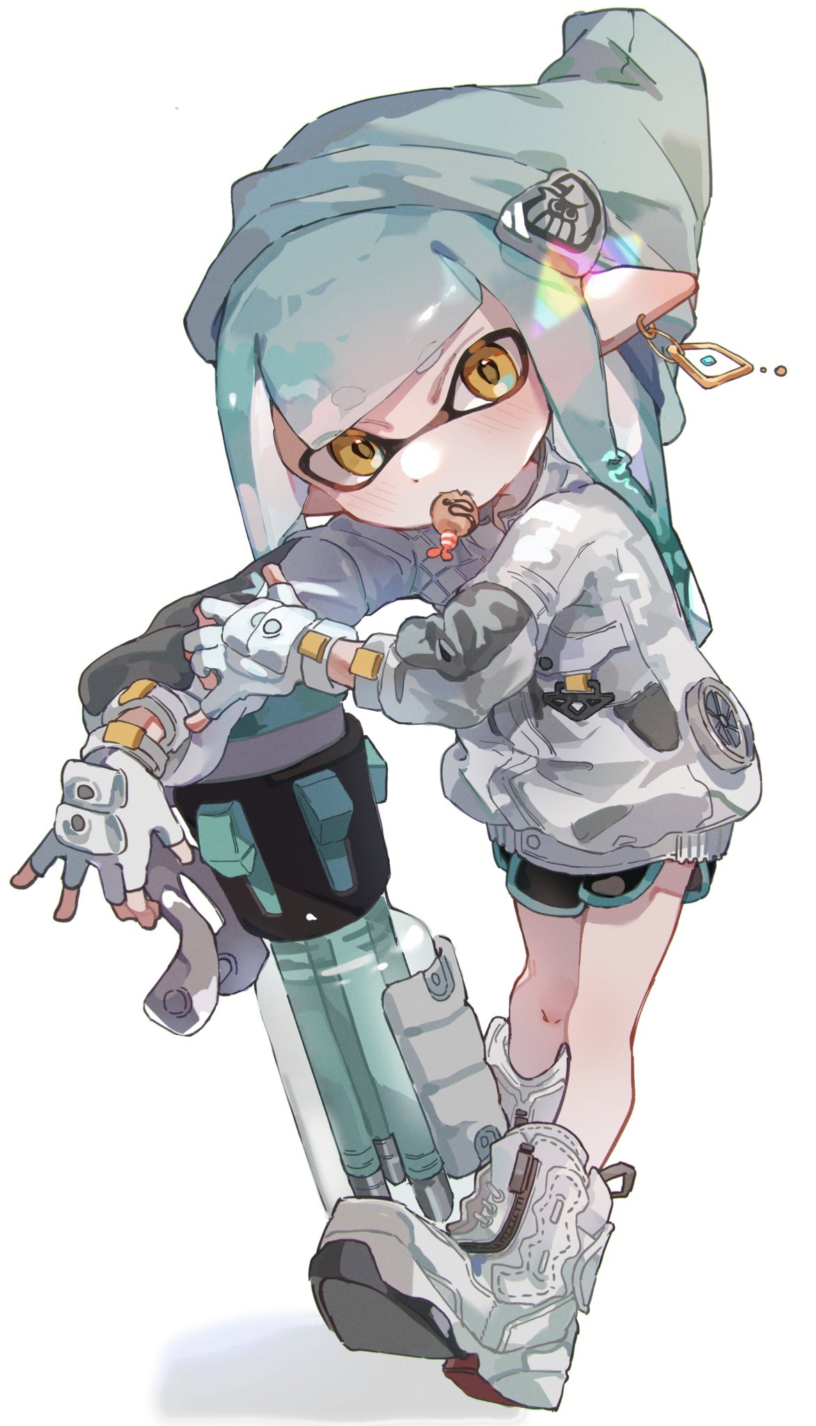 1girl aqua_hair aqua_headwear aqua_trim ballpoint_splatling_(splatoon) beanie black_shorts boots commentary dangle_earrings dot_nose earrings eyebrows_hidden_by_hair fang food_in_mouth full_body gloves gun hat high_tops highres holding holding_gun holding_weapon inkling_girl inkling_player_character jacket jewelry long_hair looking_at_viewer partially_fingerless_gloves pointy_ears shoes short_shorts shorts simple_background skin_fang sneakers solo splatoon_(series) splatoon_3 standing tentacle_hair thick_eyebrows weapon white_background white_footwear white_gloves white_jacket yellow_eyes yksb_inc6