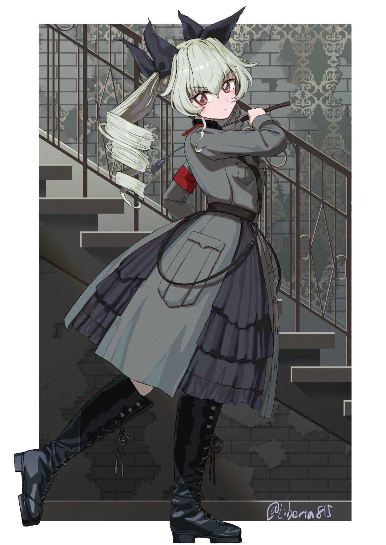 1girl anchovy_(girls_und_panzer) armband black_footwear boots border brown_eyes commentary_request cross-laced_footwear dress drill_hair frilled_dress frills from_side full_body girls_und_panzer grey_hair hair_ribbon highres holding_riding_crop knee_boots lace-up_boots liberta815 long_dress long_hair long_sleeves looking_at_viewer looking_to_the_side red_armband ribbon riding_crop solo stairs standing twin_drills twintails twitter_username white_border