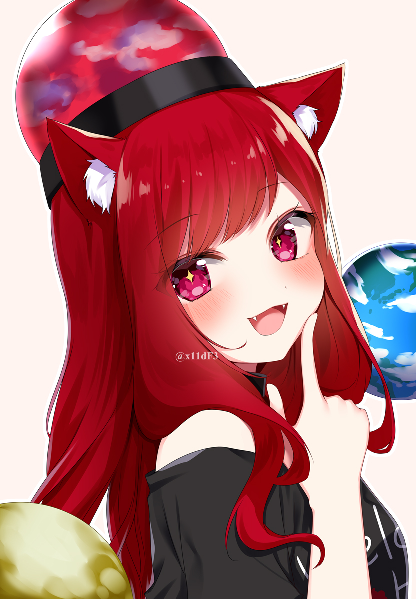 1girl animal_ear_fluff animal_ears bare_shoulders cat_ears cat_girl earth_(ornament) hecatia_lapislazuli highres long_hair moon_(ornament) open_mouth red_eyes red_hair shinonome_asu simple_background smile solo touhou underworld_(ornament) white_background