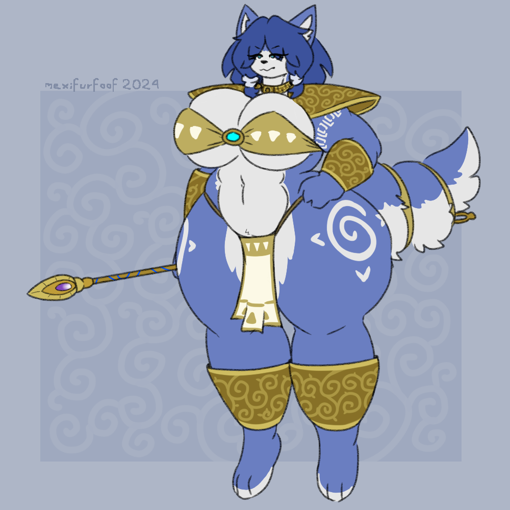 3_toes anthro belly big_breasts biped blue_body blue_fur blue_hair breasts canid canine clothed clothing curvy_figure digital_drawing_(artwork) digital_media_(artwork) feet female fox fur hair krystal krystal's_staff mammal mexifurfoof nintendo shoulder_pads simple_background smile solo standing star_fox tail thick_thighs toes voluptuous white_body white_fur wide_hips