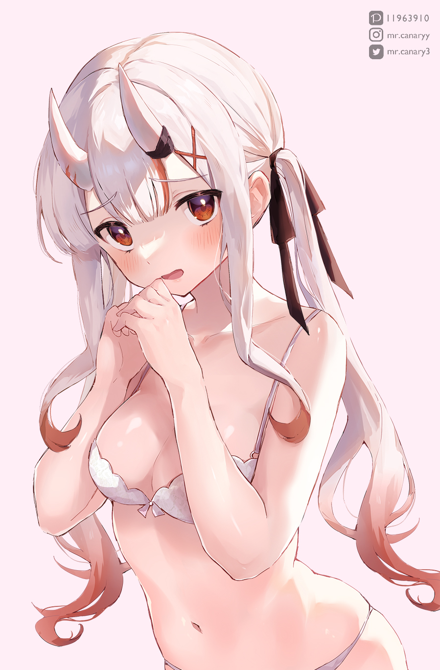 1girl black_ribbon blush bra breasts gradient_hair grey_hair hair_ribbon highres hololive horns long_hair looking_at_viewer medium_breasts mr.canaryy multicolored_hair nakiri_ayame navel oni open_mouth red_eyes red_hair ribbon skin-covered_horns solo streaked_hair twintails underwear virtual_youtuber white_background white_bra