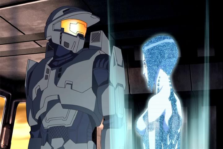 1boy 1girl blue_hair blue_skin cortana halo_(game) helmet hologram master_chief power_armor power_suit side_boob size_difference visor