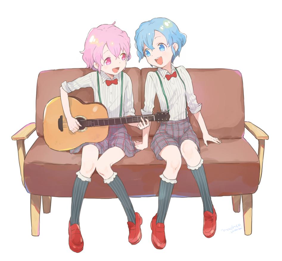 1boy 1girl :d blue_eyes blue_hair bow bowtie braid brother_and_sister collared_shirt commentary_request couch crossdressing dorothy_west full_body grey_shorts grey_socks guitar holding holding_guitar holding_instrument instrument kneehighs loafers machico_maki mole mole_under_eye on_couch open_mouth otoko_no_ko pink_eyes pink_hair plaid plaid_shorts playing_guitar pretty_series pripara red_bow red_bowtie red_footwear reona_west shirt shoes short_hair shorts siblings side_braid simple_background sitting smile socks suspender_shorts suspenders twins white_background white_shirt